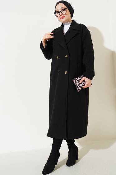 Kruvaze Yaka Dört Düğmeli Kaşe Kaban Siyah - Kaban