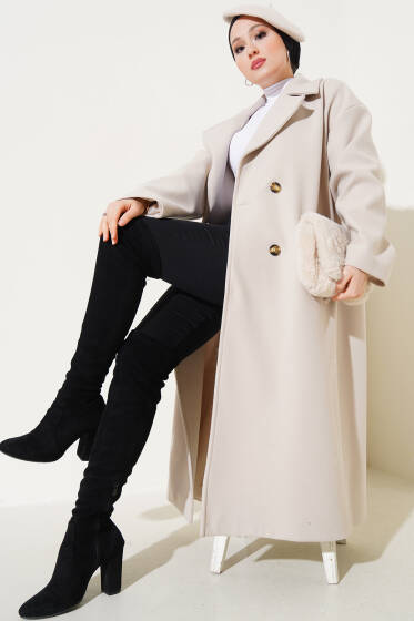 Kruvaze Yaka Dört Düğmeli Kaşe Kaban Taş - Kaban