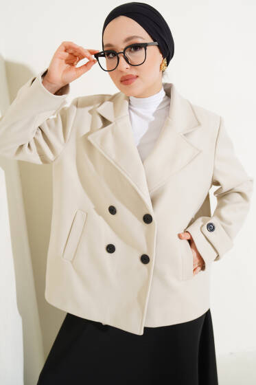 Kruvaze Yaka Dört Düğmeli Kısa Kaşe Kaban Taş - Kaban