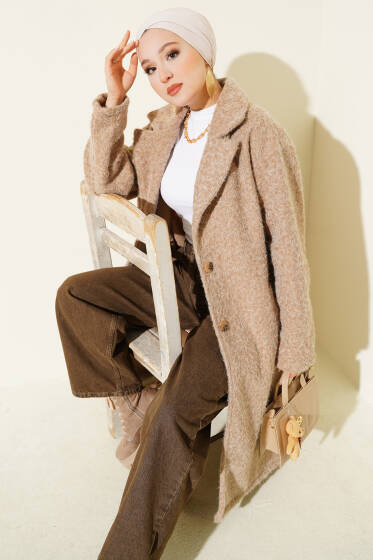 Kruvaze Yaka Düğme Detaylı Kaşe Kaban Camel - Kaban