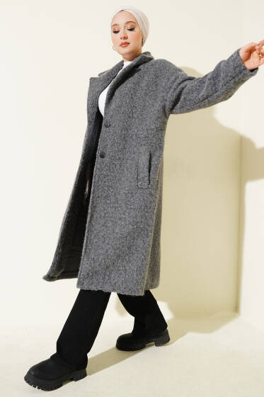 Kruvaze Yaka Düğme Detaylı Kaşe Kaban Füme - Kaban