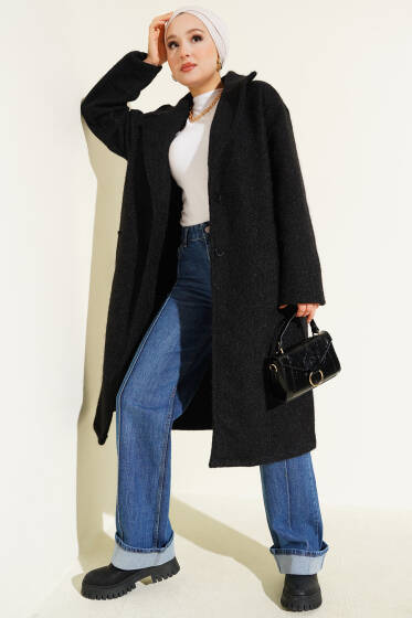 Kruvaze Yaka Düğme Detaylı Kaşe Kaban Siyah - Kaban