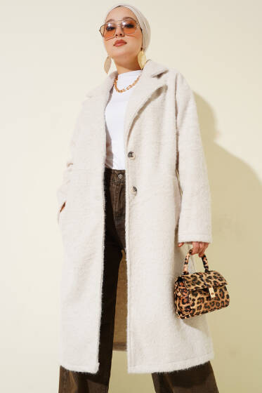 Kruvaze Yaka Düğme Detaylı Kaşe Kaban Taş - Kaban