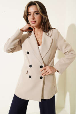 Kruvaze Yaka Düğmeli Astarlı Blazer Ceket Bej - HELLIE