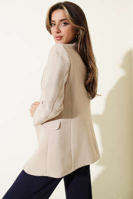Kruvaze Yaka Düğmeli Astarlı Blazer Ceket Bej - Kadın Giyim Modelleri