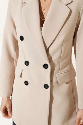 Kruvaze Yaka Düğmeli Astarlı Blazer Ceket Bej - Kadın Giyim Modelleri