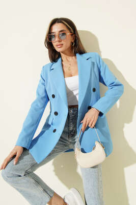 Kruvaze Yaka Düğmeli Astarlı Blazer Ceket Mavi - HELLIE