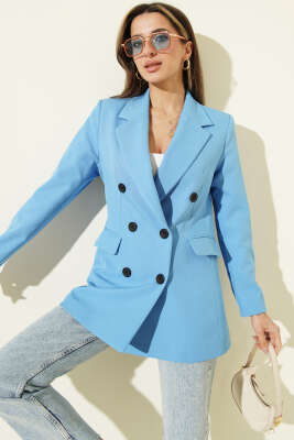 Kruvaze Yaka Düğmeli Astarlı Blazer Ceket Mavi - Kadın Giyim Modelleri