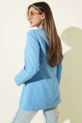 Kruvaze Yaka Düğmeli Astarlı Blazer Ceket Mavi - Kadın Giyim Modelleri