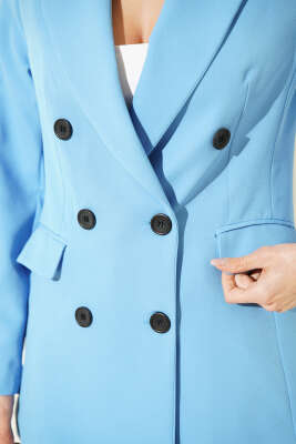 Kruvaze Yaka Düğmeli Astarlı Blazer Ceket Mavi - Kadın Giyim Modelleri