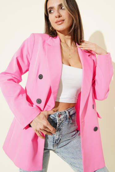 Kruvaze Yaka Düğmeli Astarlı Blazer Ceket Pembe - Kadın Giyim Modelleri