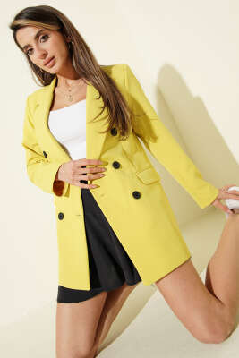 Kruvaze Yaka Düğmeli Astarlı Blazer Ceket Sarı - HELLIE
