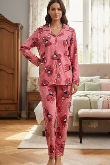 Kruvaze Yaka Düğmeli Ayıcık Desenli Süet Pijama Takımı Pembe - Pijama
