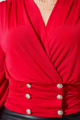 Kruvaze Yaka Düğmeli Bluz Kırmızı - Kadın Giyim Modelleri