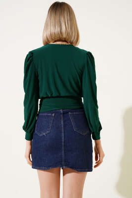 Kruvaze Yaka Düğmeli Bluz Zümrüt - Kadın Giyim Modelleri