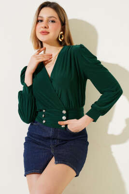 Kruvaze Yaka Düğmeli Bluz Zümrüt - Kadın Giyim Modelleri