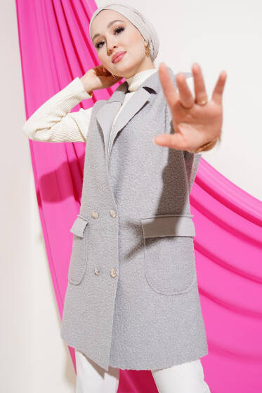 Kruvaze Yaka Düğmeli Buklet Yelek Gri - Yelek