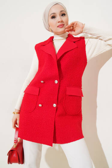 Kruvaze Yaka Düğmeli Buklet Yelek Kırmızı - Yelek