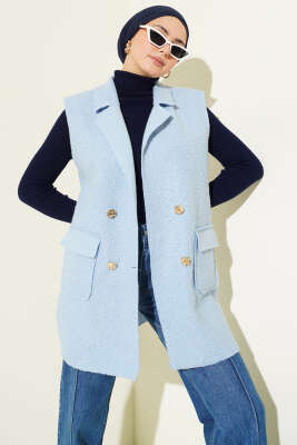 Kruvaze Yaka Düğmeli Detaylı Yelek Bebe Mavi 