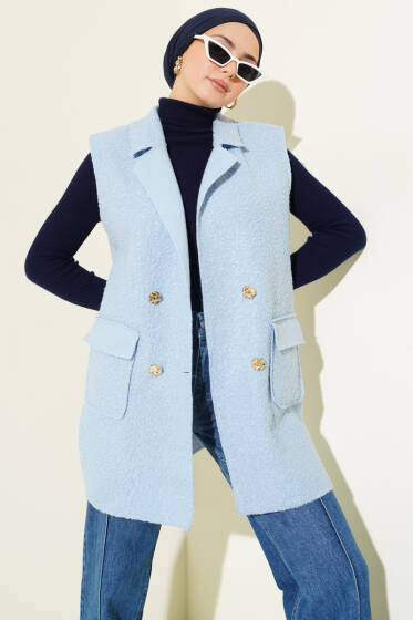 Kruvaze Yaka Düğmeli Detaylı Yelek Bebe Mavi - Yelek