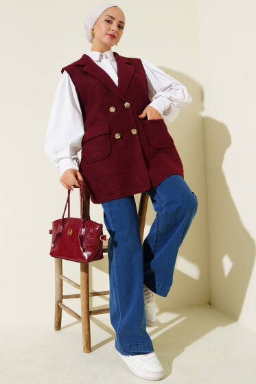 Kruvaze Yaka Düğmeli Detaylı Yelek Bordo - Yelek