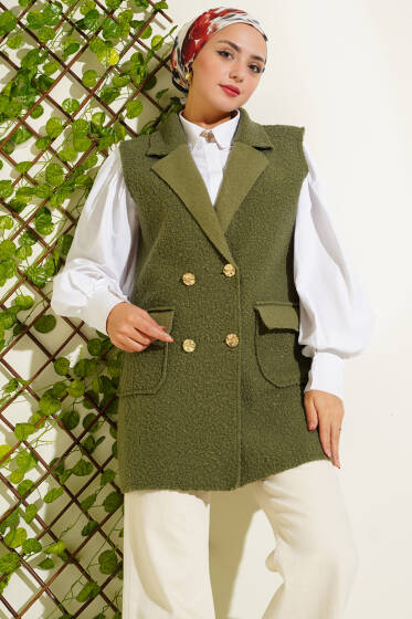 Kruvaze Yaka Düğmeli Detaylı Yelek Haki - Yelek