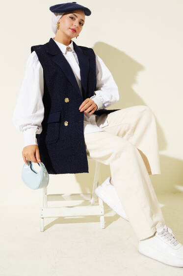 Kruvaze Yaka Düğmeli Detaylı Yelek Lacivert - Yelek