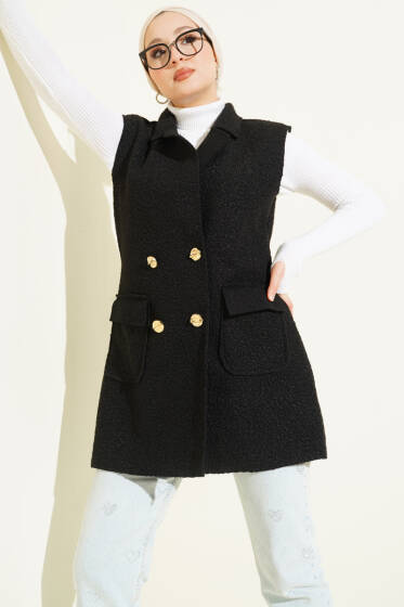 Kruvaze Yaka Düğmeli Detaylı Yelek Siyah Gold - Yelek