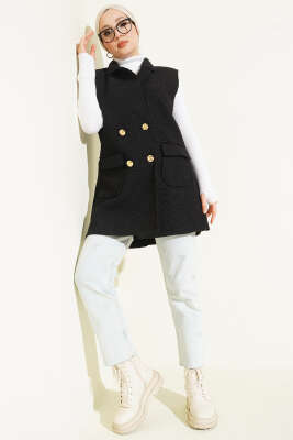 Kruvaze Yaka Düğmeli Detaylı Yelek Siyah Gold - Yelek