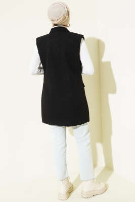 Kruvaze Yaka Düğmeli Detaylı Yelek Siyah Gold - Yelek