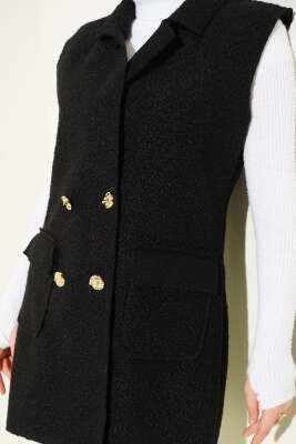 Kruvaze Yaka Düğmeli Detaylı Yelek Siyah Gold - Yelek