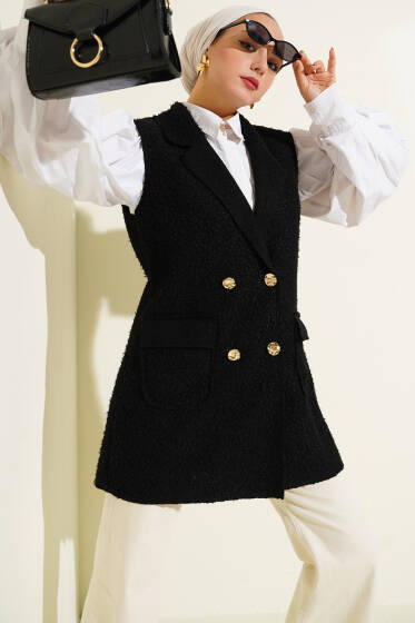 Kruvaze Yaka Düğmeli Detaylı Yelek Siyah - Yelek
