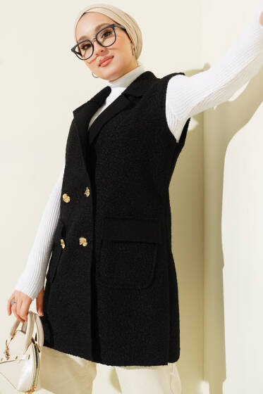 Kruvaze Yaka Düğmeli Detaylı Yelek Siyah - Yelek