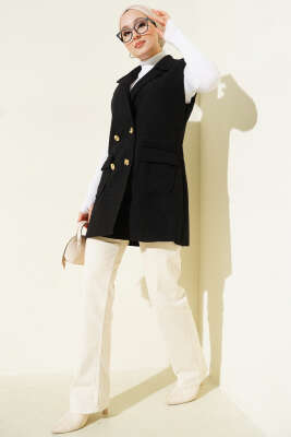 Kruvaze Yaka Düğmeli Detaylı Yelek Siyah - Yelek