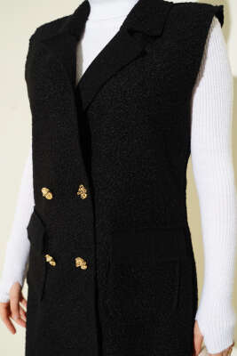 Kruvaze Yaka Düğmeli Detaylı Yelek Siyah - Yelek