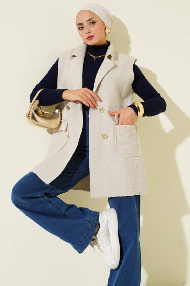 Kruvaze Yaka Düğmeli Detaylı Yelek Taş - Yelek