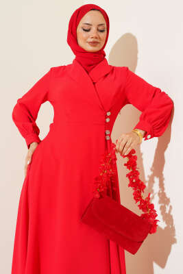 Kruvaze Yaka Düğmeli Elbise Kırmızı - Tesettür Elbise
