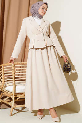 Kruvaze Yaka Düğmeli Etekli İkili Takım Bej - VAV TEKSTİL