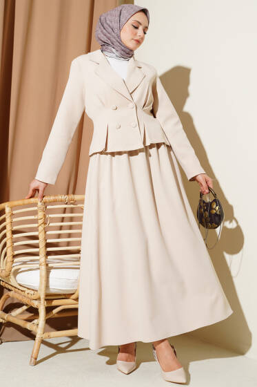 Kruvaze Yaka Düğmeli Etekli İkili Takım Bej - İkili Takım