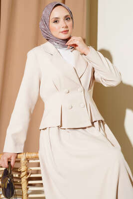 Kruvaze Yaka Düğmeli Etekli İkili Takım Bej - İkili Takım