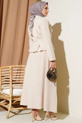 Kruvaze Yaka Düğmeli Etekli İkili Takım Bej - İkili Takım