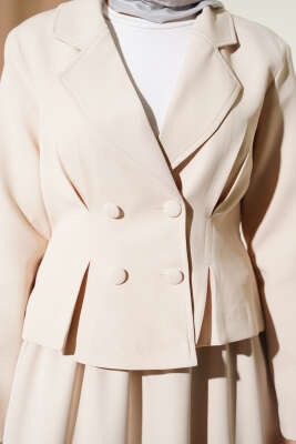 Kruvaze Yaka Düğmeli Etekli İkili Takım Bej - İkili Takım