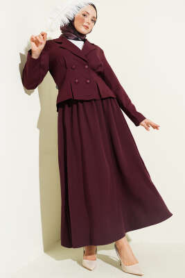 Kruvaze Yaka Düğmeli Etekli İkili Takım Bordo - VAV TEKSTİL