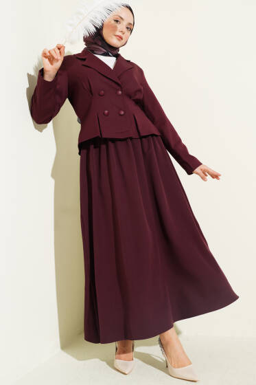 Kruvaze Yaka Düğmeli Etekli İkili Takım Bordo - İkili Takım