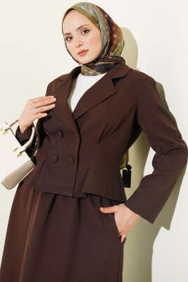 Kruvaze Yaka Düğmeli Etekli İkili Takım Kahve - İkili Takım