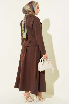 Kruvaze Yaka Düğmeli Etekli İkili Takım Kahve - İkili Takım