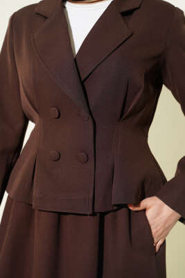 Kruvaze Yaka Düğmeli Etekli İkili Takım Kahve - İkili Takım