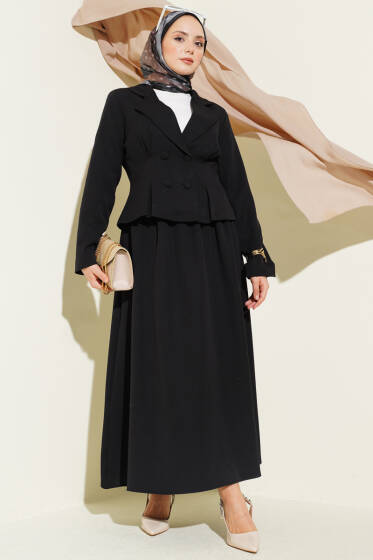 Kruvaze Yaka Düğmeli Etekli İkili Takım Siyah - İkili Takım