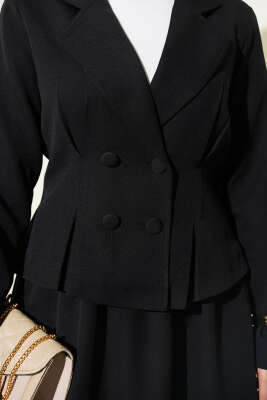 Kruvaze Yaka Düğmeli Etekli İkili Takım Siyah - İkili Takım