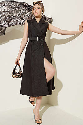 Kruvaze Yaka Düğmeli Kot Elbise Kahve - LEVURE